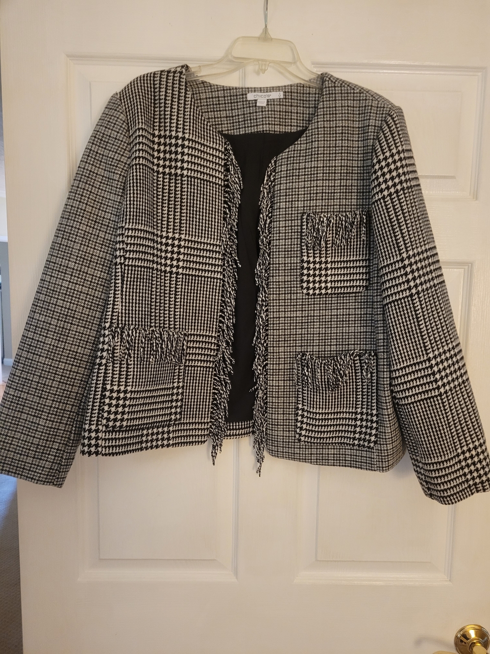 Chico's Black and White Plaid Fringe-Trim Jacket - NWOT